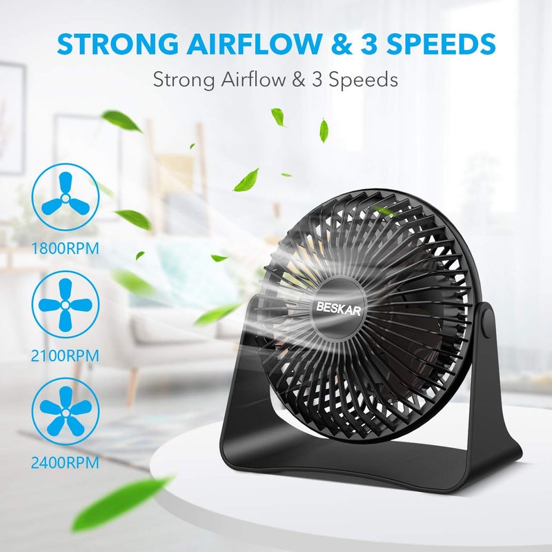 BESKAR USB Small Desk Fan, Portable Fans with 3 Speeds Strong Airflow, Quiet Operation and 360Â°Rotate, Personal Table Fan for Home,Office, Bedroom- 3.9 ft Cord/Blue - Image 2